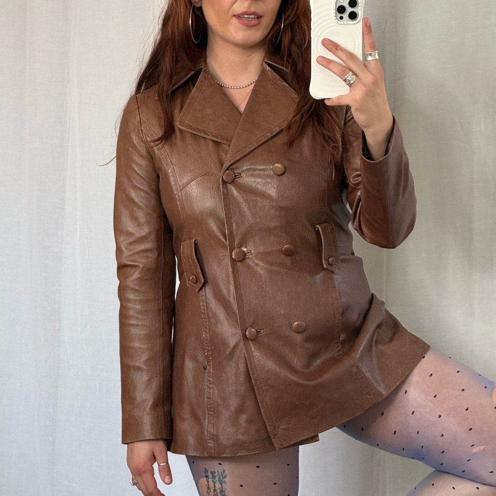 Vintage Y2K Brown Leather Peacoat Jacket - Picture 2 of 8